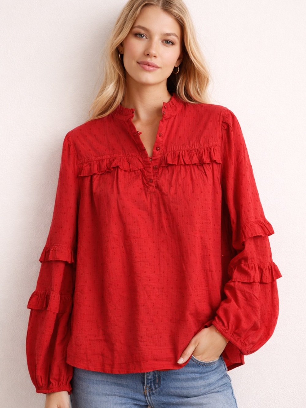 NWT Crown & Ivy Red Ruffle Swiss Dot Blouse Medium Boho Cotton Flowy Cottagecore
